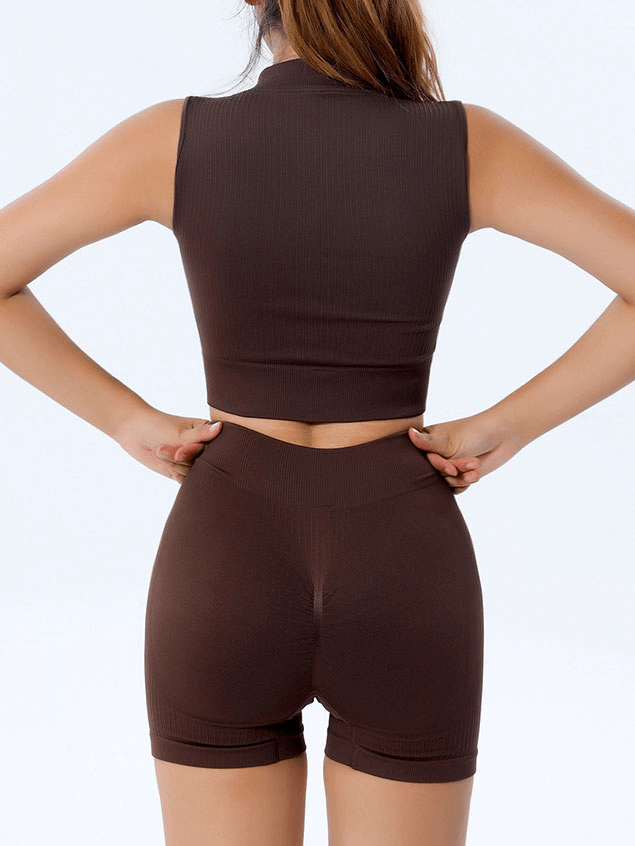 Back view of a brown sleeveless seamless yoga top with zipper, perfect for women's fitness and movement. SF1453 stylish activewear.